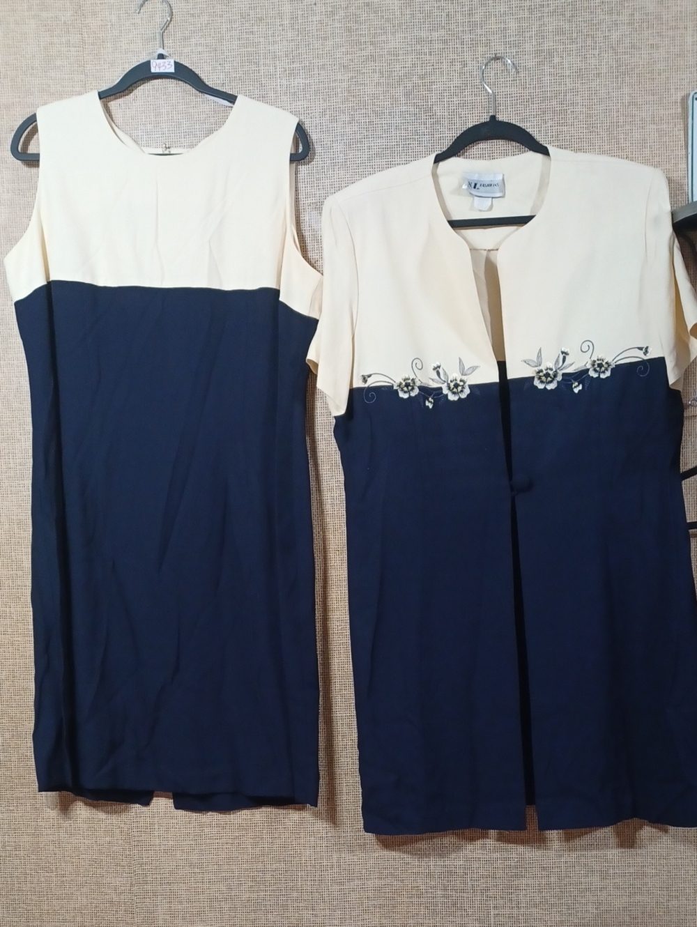S.L. Fashions Navy and Cream Two-Piece Midi Dress Set